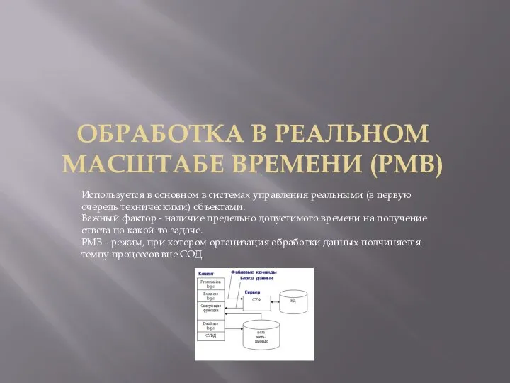 ОБРАБОТКА В РЕАЛЬНОМ МАСШТАБЕ ВРЕМЕНИ (РМВ) Используется в основном в системах управления