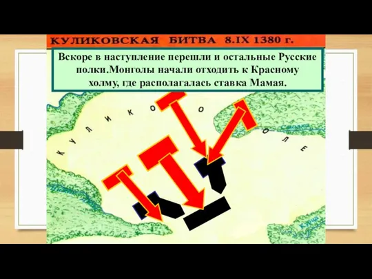 Вскоре в наступление перешли и остальные Русские полки.Монголы начали отходить к Красному