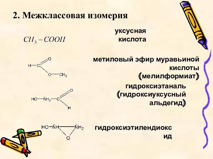 2. Межклассовая изомерия уксусная кислота метиловый эфир муравьиной кислоты (мелилформиат) гидроксиэтаналь (гидроксиуксусный альдегид) гидроксиэтилендиоксид
