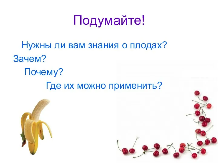 Подумайте! Нужны ли вам знания о плодах? Зачем? Почему? Где их можно применить?