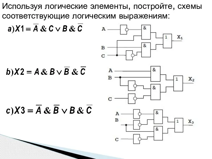 Используя логические элементы, постройте, схемы соответствующие логическим выражениям: