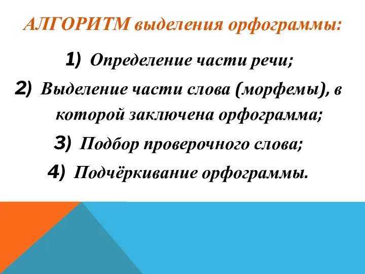 АЛГОРИТМ выделения орфограммы: Определение части речи; Выделение части слова (морфемы), в которой