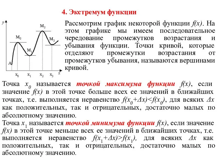 4. Экстремум функции Рассмотрим график некоторой функции f(x). На этом графике мы