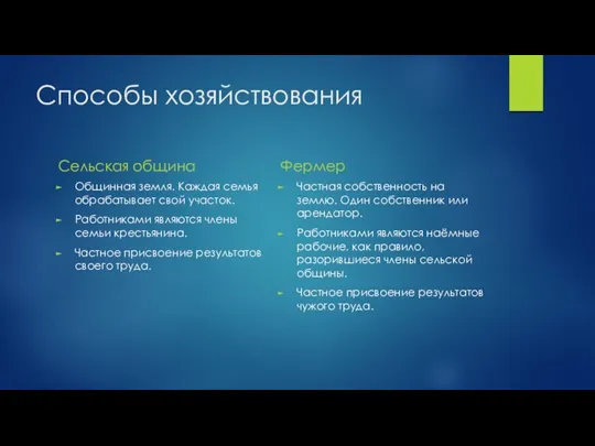 Способы хозяйствования Сельская община Общинная земля. Каждая семья обрабатывает свой участок. Работниками