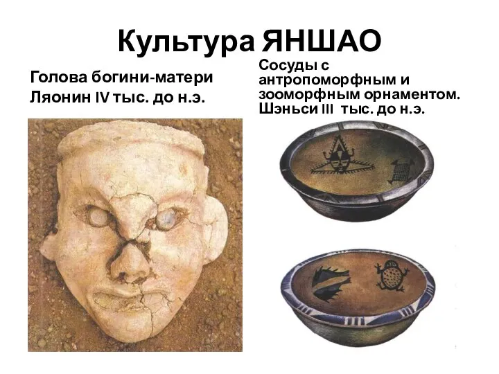 Культура ЯНШАО Голова богини-матери Ляонин IV тыс. до н.э. Сосуды с антропоморфным