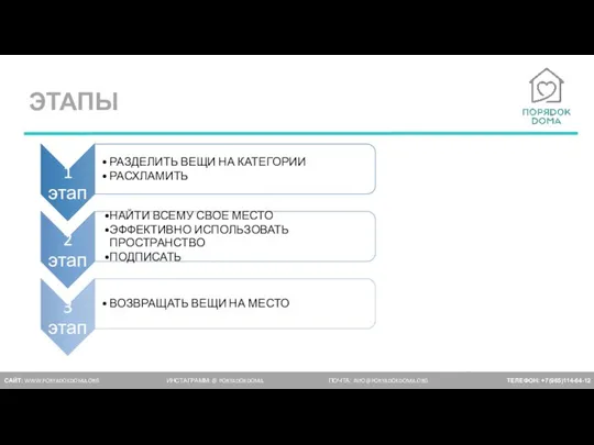 ЭТАПЫ САЙТ: WWW.PORYADOKDOMA.ORG ИНСТАГРАММ: @ PORYADOKDOMA ПОЧТА: INFO@PORYADOKDOMA.ORG ТЕЛЕФОН: +7(965)114-64-12