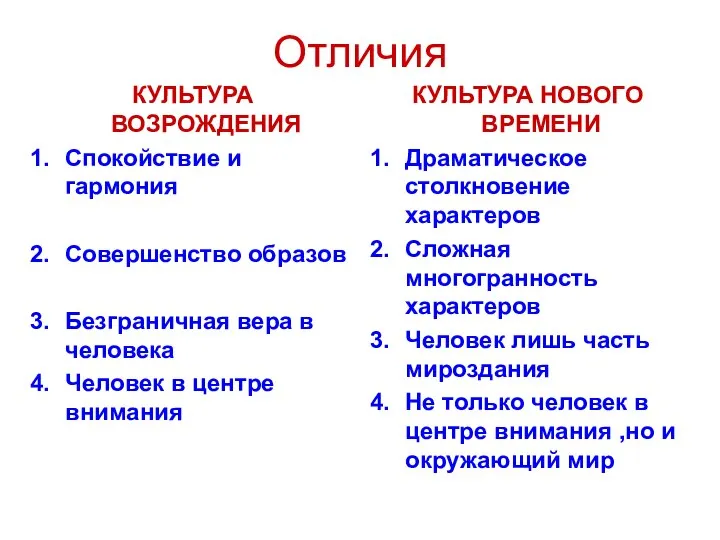 Отличия КУЛЬТУРА ВОЗРОЖДЕНИЯ Спокойствие и гармония Совершенство образов Безграничная вера в человека