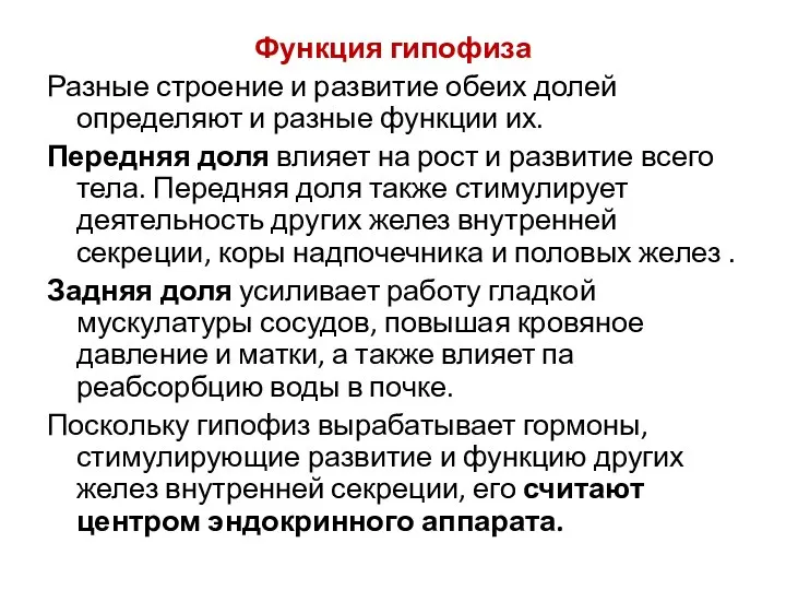 Функция гипофиза Разные строение и развитие обеих долей определяют и разные функции