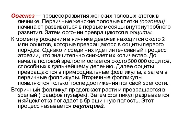 Оогенез — процесс развития женских половых клеток в яичнике. Первичные женские половые