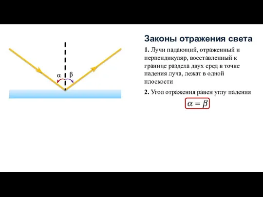 Законы отражения света 1. Лучи падающий, отраженный и перпендикуляр, восставленный к границе