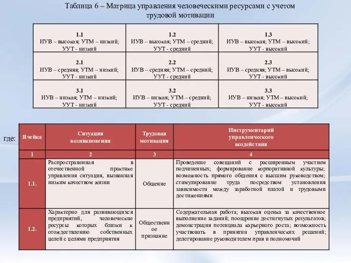 Таблица 6 – Матрица управления человеческими ресурсами с учетом трудовой мотивации где: