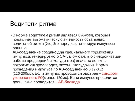 Водители ритма В норме водителем ритма является СА-узел, который подавляет автоматическую активность