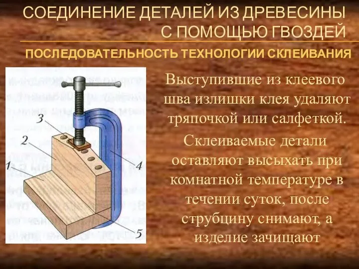 СОЕДИНЕНИЕ ДЕТАЛЕЙ ИЗ ДРЕВЕСИНЫ С ПОМОЩЬЮ ГВОЗДЕЙ Выступившие из клеевого шва излишки