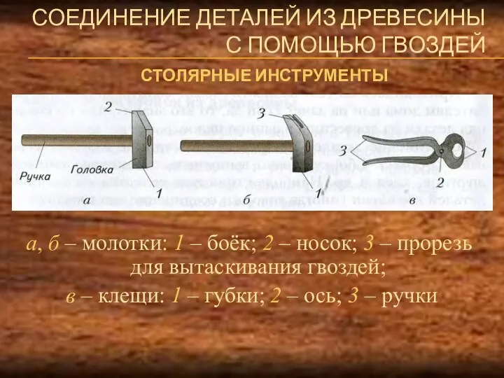 СОЕДИНЕНИЕ ДЕТАЛЕЙ ИЗ ДРЕВЕСИНЫ С ПОМОЩЬЮ ГВОЗДЕЙ а, б – молотки: 1