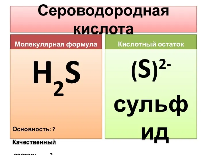 Сероводородная кислота Молекулярная формула H2S Основность: ? Качественный состав: ? Кислотный остаток (S)2- сульфид