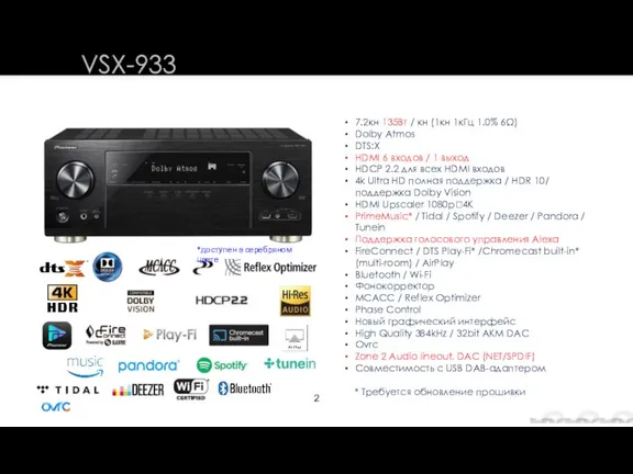 VSX-933 7.2кн 135Вт / кн (1кн 1кГц 1.0% 6Ω) Dolby Atmos DTS:X