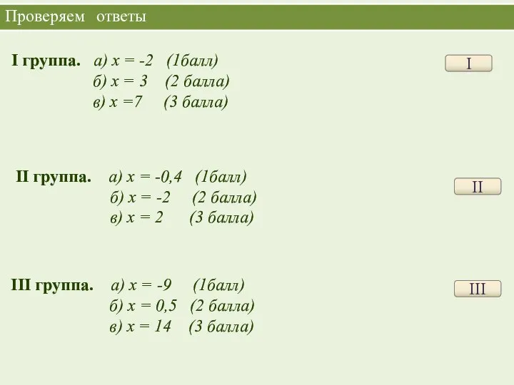 Проверяем ответы I I группа. а) х = -2 (1балл) б) х