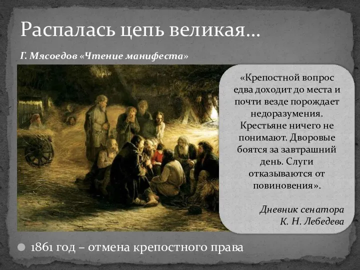 1861 год – отмена крепостного права Распалась цепь великая… Г. Мясоедов «Чтение