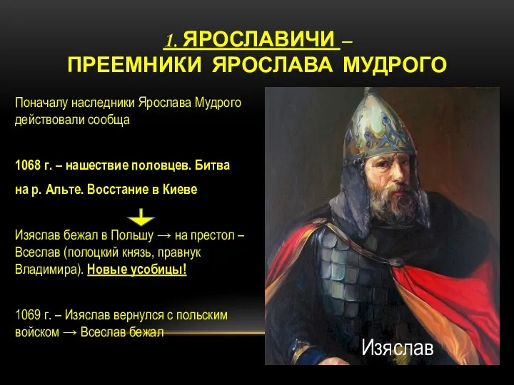 1. ЯРОСЛАВИЧИ – ПРЕЕМНИКИ ЯРОСЛАВА МУДРОГО Поначалу наследники Ярослава Мудрого действовали сообща