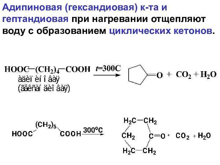 Адипиновая (гександиовая) к-та и гептандиовая при нагревании отщепляют воду с образованием циклических кетонов.