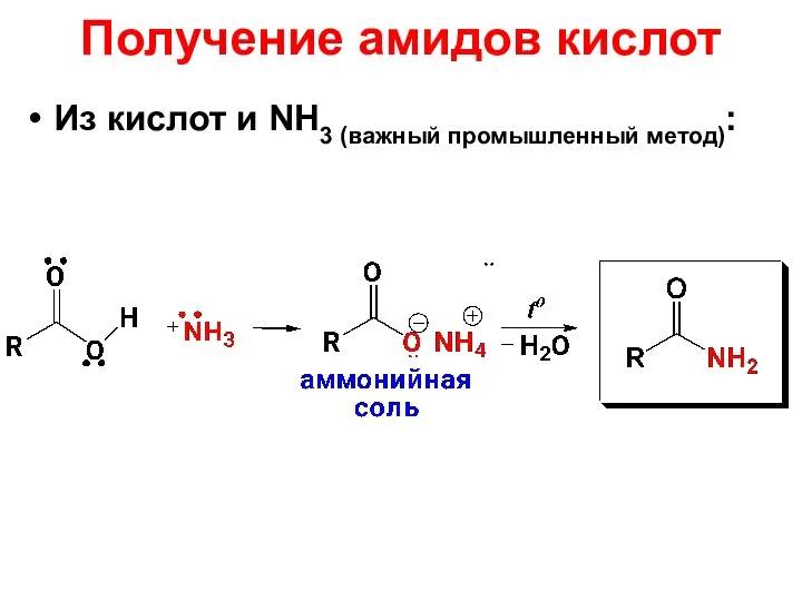 Получение амидов кислот Из кислот и NH3 (важный промышленный метод):