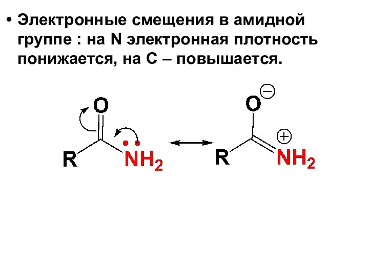 Электронные смещения в амидной группе : на N электронная плотность понижается, на С – повышается.