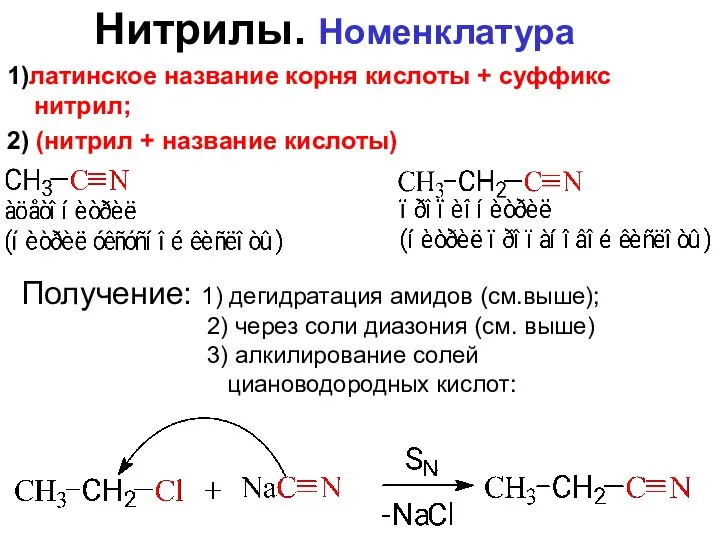 Нитрилы. Номенклатура Получение: 1) дегидратация амидов (см.выше); 2) через соли диазония (см.
