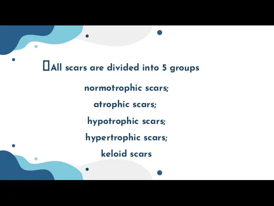 All scars are divided into 5 groups normotrophic scars; atrophic scars; hypotrophic