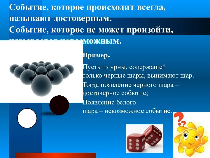 Событие, которое происходит всегда, называют достоверным. Событие, которое не может произойти, называется