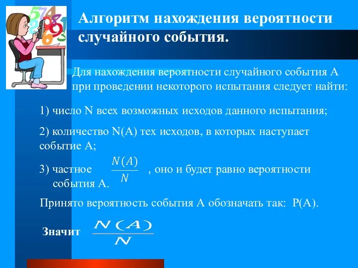 3) частное , оно и будет равно вероятности события А. Значит Алгоритм