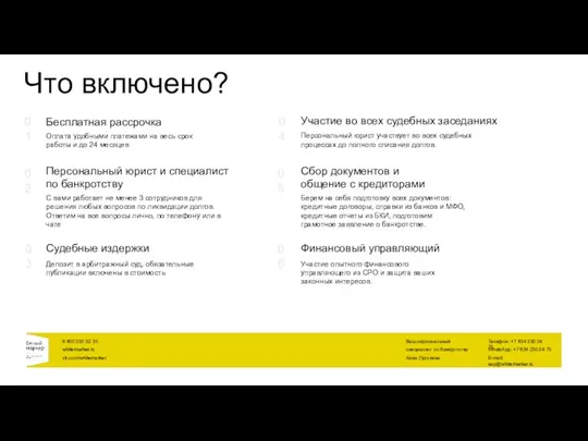 Что включено? Бесплатная рассрочка Судебные издержки Персональный юрист и специалист по банкротству