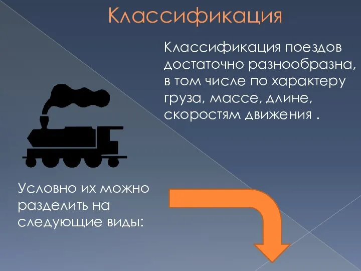 Классификация Классификация поездов достаточно разнообразна, в том числе по характеру груза, массе,