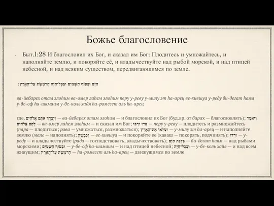 Божье благословение Быт.1:28 И благословил их Бог, и сказал им Бог: Плодитесь