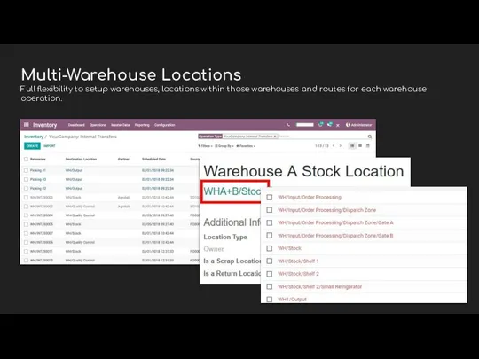 Multi-Warehouse Locations Full flexibility to setup warehouses, locations within those warehouses and