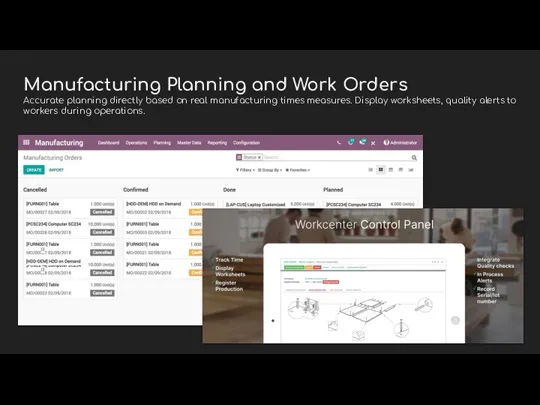 Manufacturing Planning and Work Orders Accurate planning directly based on real manufacturing