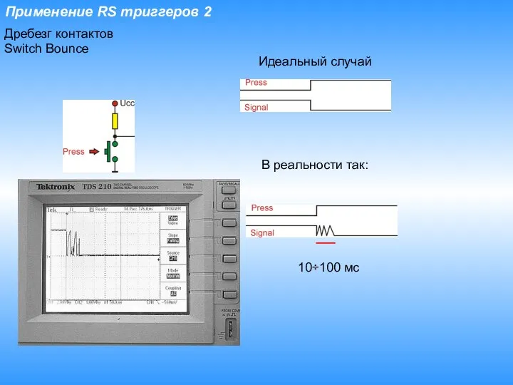 Применение RS триггеров 2 Дребезг контактов Switch Bounce Идеальный случай В реальности так: 10÷100 мс