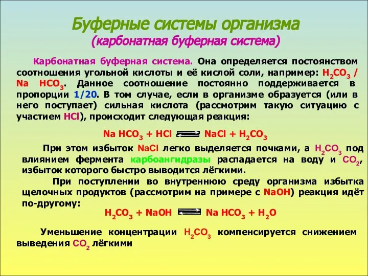 Буферные системы организма (карбонатная буферная система) Карбонатная буферная система. Она определяется постоянством