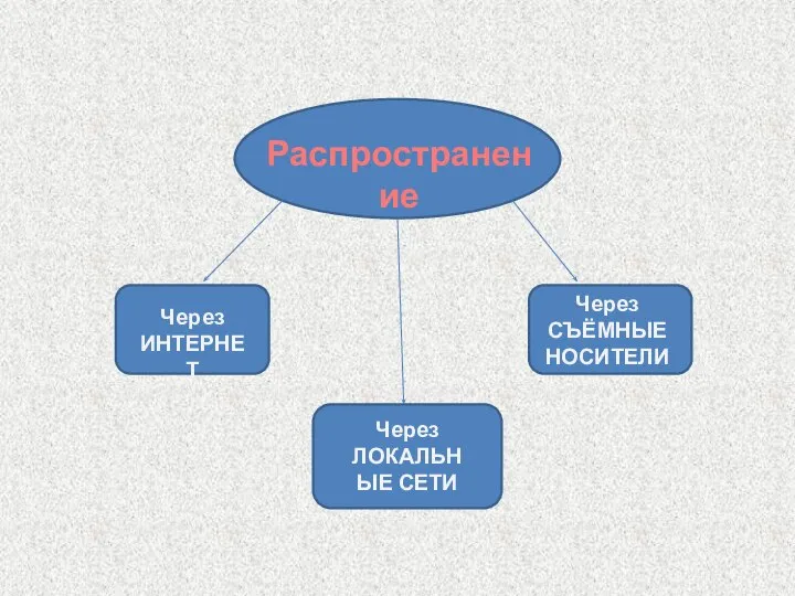 Распространение Через ИНТЕРНЕТ Через ЛОКАЛЬНЫЕ СЕТИ Через СЪЁМНЫЕ НОСИТЕЛИ