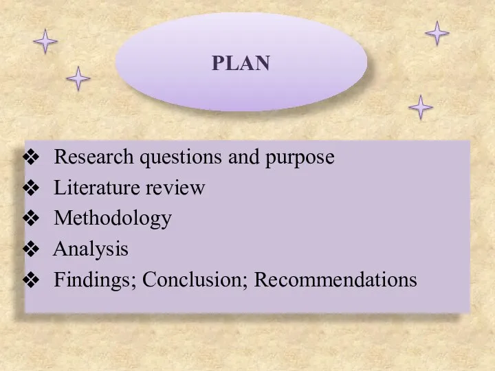 Research questions and purpose Literature review Methodology Analysis Findings; Conclusion; Recommendations PLAN