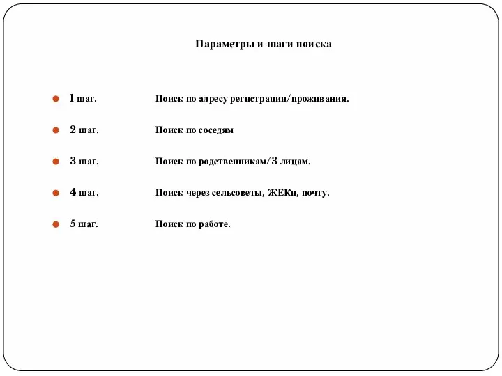 Параметры и шаги поиска 1 шаг. Поиск по адресу регистрации/проживания. 2 шаг.