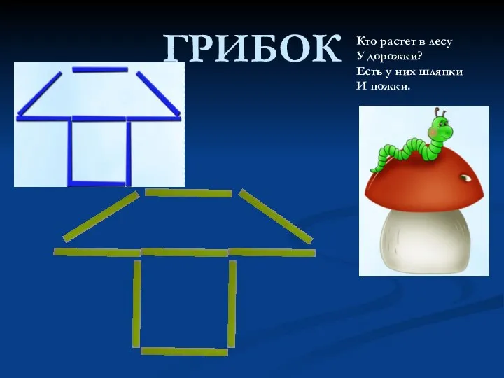 ГРИБОК Кто растет в лесу У дорожки? Есть у них шляпки И ножки.