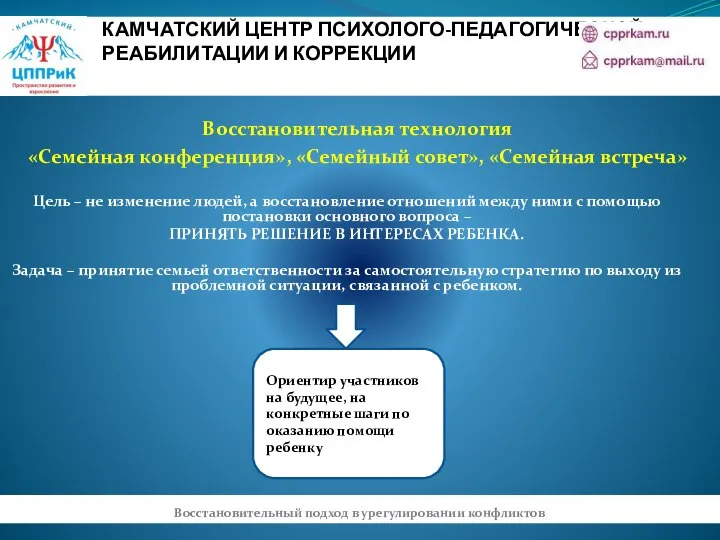 КАМЧАТСКИЙ ЦЕНТР ПСИХОЛОГО-ПЕДАГОГИЧЕСКОЙ РЕАБИЛИТАЦИИ И КОРРЕКЦИИ Восстановительная технология «Семейная конференция», «Семейный совет»,