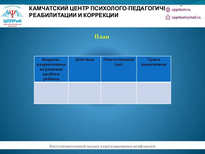 КАМЧАТСКИЙ ЦЕНТР ПСИХОЛОГО-ПЕДАГОГИЧЕСКОЙ РЕАБИЛИТАЦИИ И КОРРЕКЦИИ План Восстановительный подход в урегулировании конфликтов