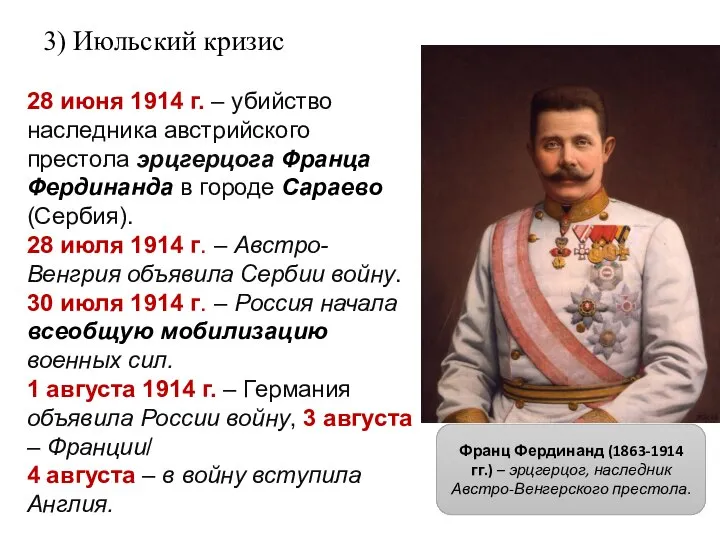 28 июня 1914 г. – убийство наследника австрийского престола эрцгерцога Франца Фердинанда