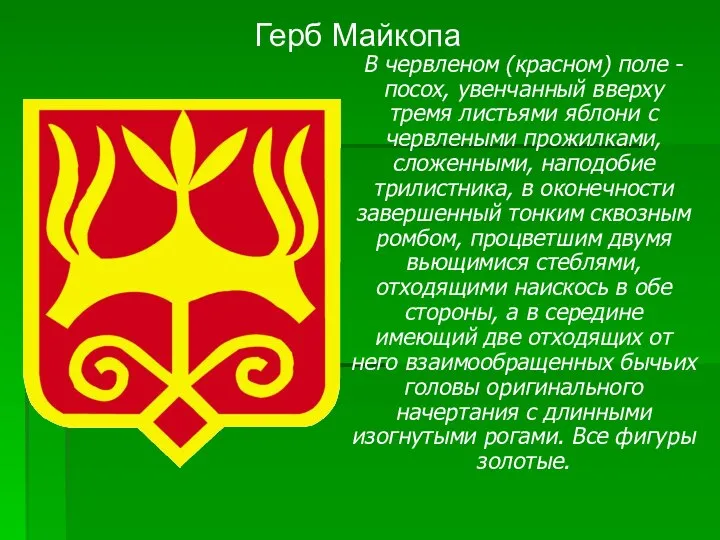 Герб Майкопа В червленом (красном) поле - посох, увенчанный вверху тремя листьями