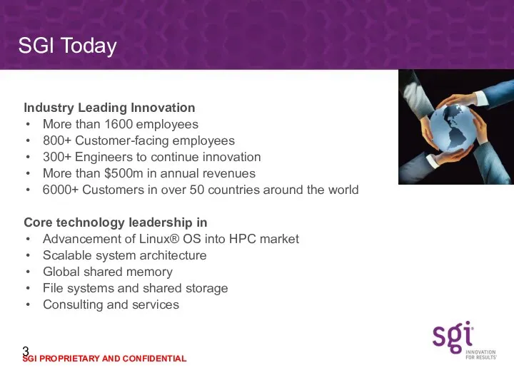 SGI Today Industry Leading Innovation More than 1600 employees 800+ Customer-facing employees