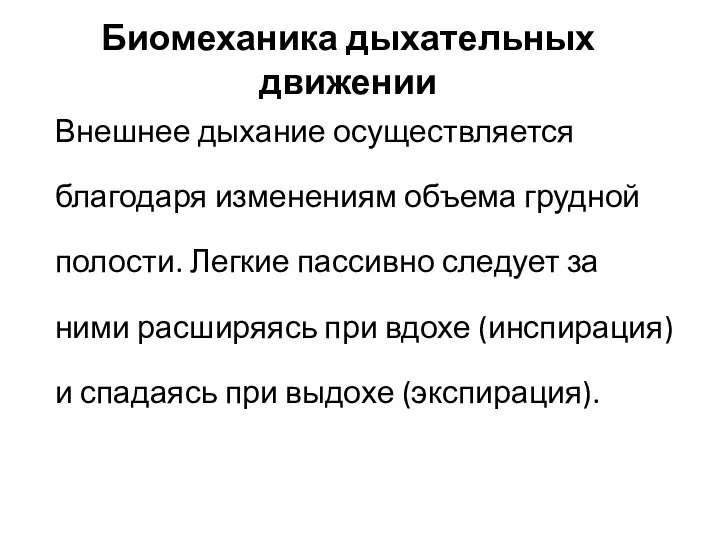 Биомеханика дыхательных движении Внешнее дыхание осуществляется благодаря изменениям объема грудной полости. Легкие