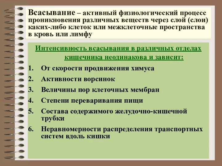 Всасывание – активный физиологический процесс проникновения различных веществ через слой (слои) каких-либо