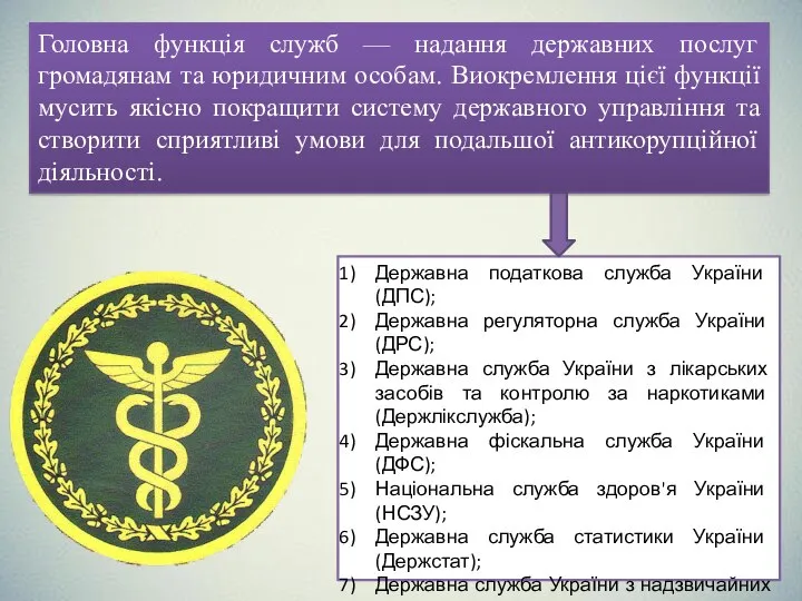 Головна функція служб — надання державних послуг громадянам та юридичним особам. Виокремлення