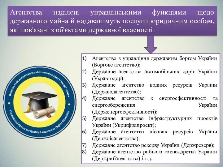 Агентства наділені управлінськими функціями щодо державного майна й надаватимуть послуги юридичним особам,